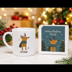 Personalised Kids Christmas Mug With Named Gift Box, Scandi Santa Reindeer Penguin Snowman Design