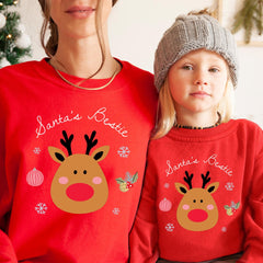 Santa's Bestie Christmas Jumper, Cute Reindeer Sweatshirt, Matching Mum and Kids Festive Outfit