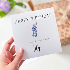 July Birth Flower Card Delphinium Born In July Personalised Birthday Card With Name Month Delphinium Gift Card Her Him Friend Sister Auntie