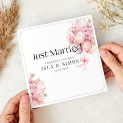 Just Married Personalised Wedding Day Card with Balloon Floral Design Congratulations Card for Bride & Groom or Couple