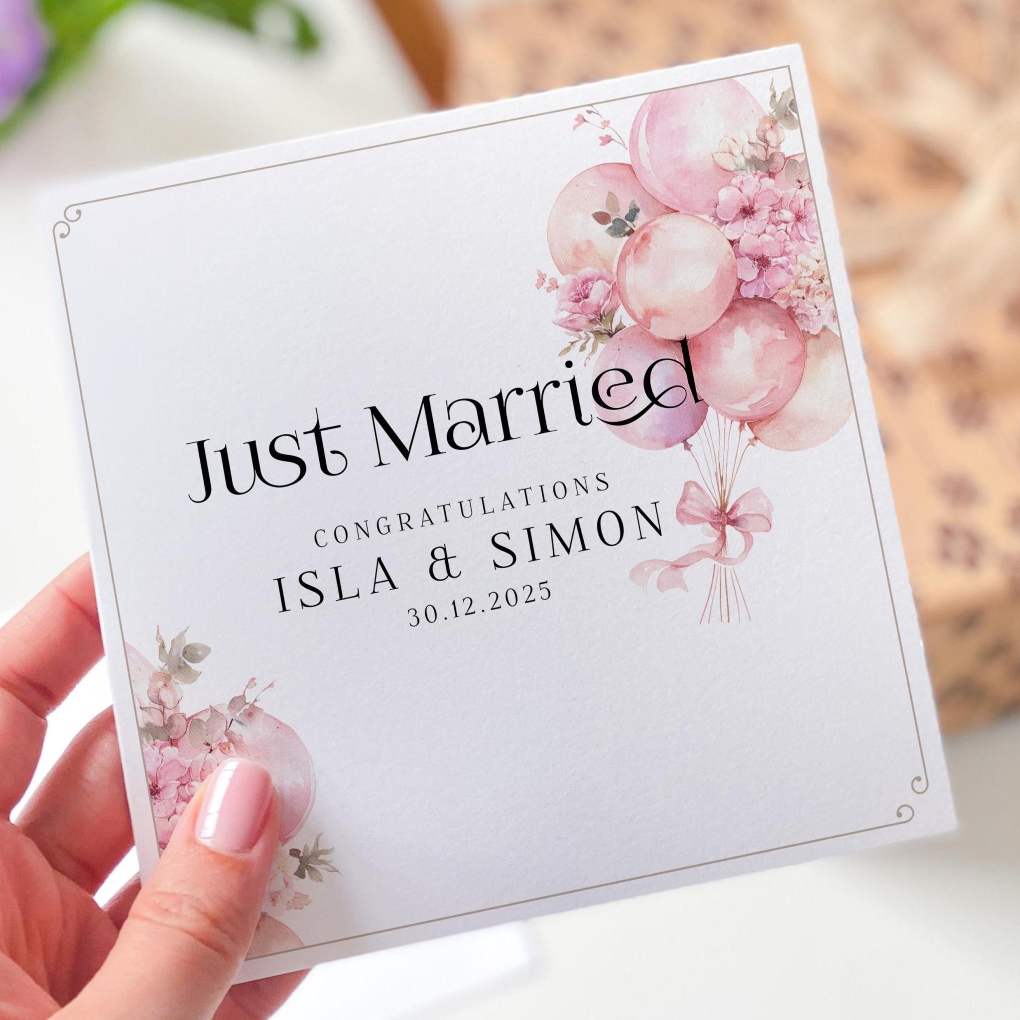 Just Married Personalised Wedding Day Card with Balloon Floral Design Congratulations Card for Bride & Groom or Couple