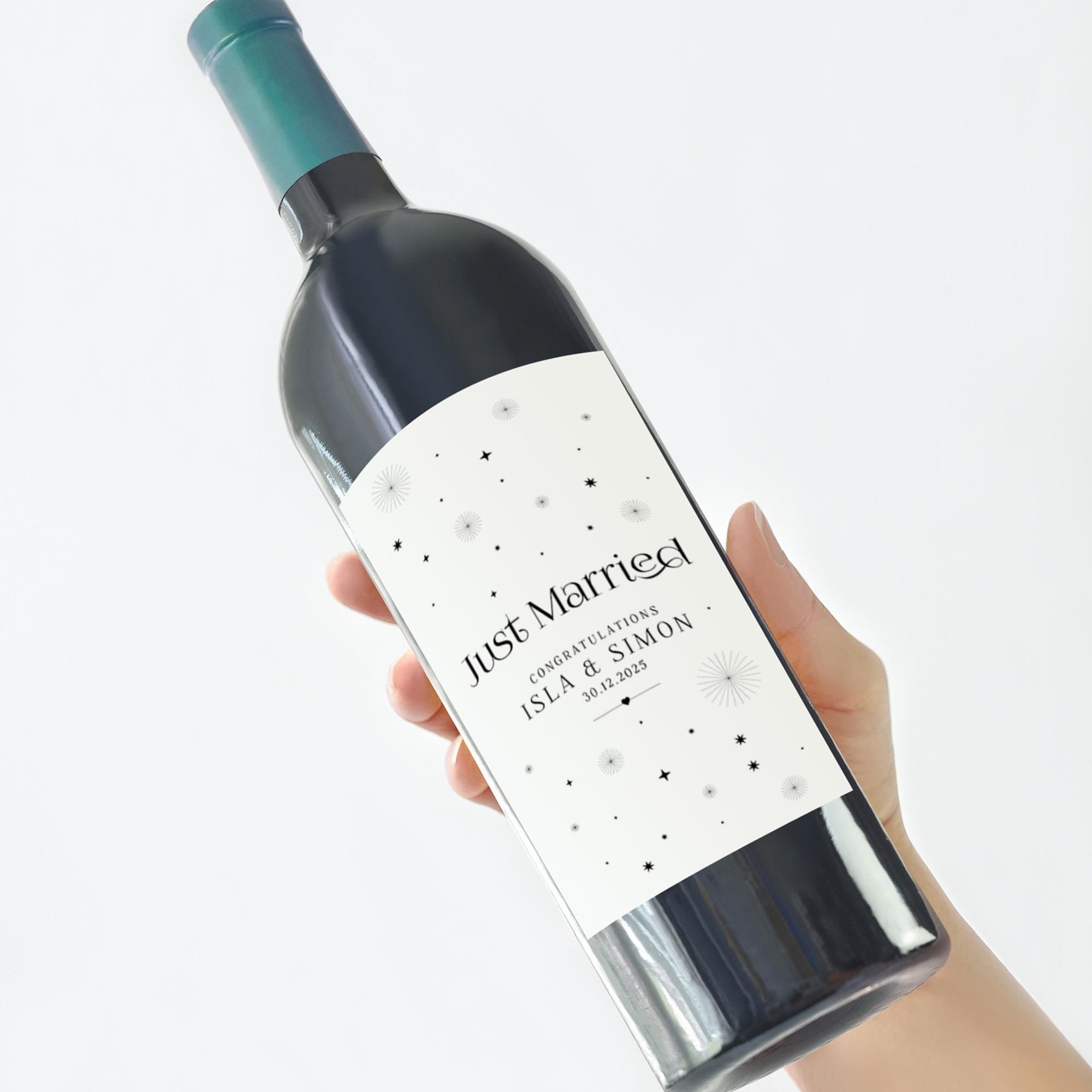 Just Married Wine Bottle Sticker Personalised Wedding Gift Label for Couple Bride & Groom Elegant Label Design for Prosecco or Wine