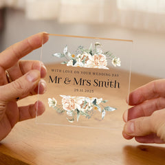 Mr & Mrs Personalised Wedding Day Plaque –Custom Acrylic Gift for Bride and Groom or Newlyweds with Name and Date for Friends Family Her Him