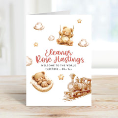 New Baby Card for Girl or Boy Welcome to the World Card with Name Date and Birth Weight Cute Teddy and Train New Born New Mum Dad