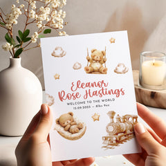 New Baby Card for Girl or Boy Welcome to the World Card with Name Date and Birth Weight Cute Teddy and Train New Born New Mum Dad