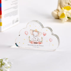 New Baby Gift Cloud Plaque Custom Name & Date Keepsake Welcome to the World Elephant Nursery Decor Boy or Girl Baby Shower Present
