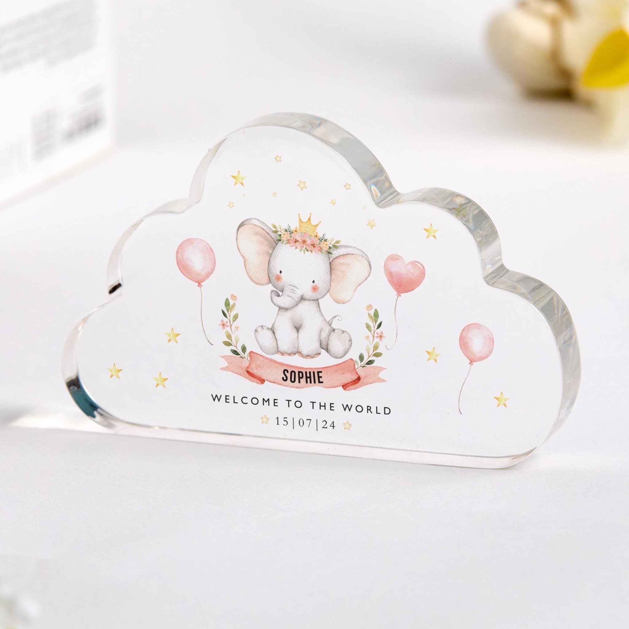 New Baby Girl Gift Cloud Plaque Custom Name & Date Keepsake Welcome to the World Elephant Nursery Decor New Mum Gift Baby Shower Present