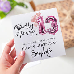 Officially a Teenager Birthday Card for ANY ROLE Granddaughter Daughter Nephew Pink Balloon Keepsake for Teenage Girl or Youth