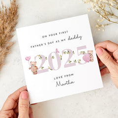 On Your First Father's Day Card for Daddy from Baby Girl Personalised with Name Cute Bear Design for New Dad Keepsake Gift Card