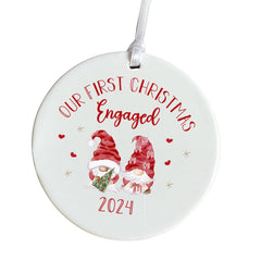 Our First Christmas Engaged 2025 Ceramic Ornament with Gnomes Cute Gonks Xmas Decor Keepsake for friends family gift