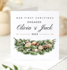 Our First Christmas Engaged Card for Fiancé or Fiancée Elegant 1st Xmas Engagement Winter Pine Design