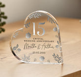 Personalised 15th Wedding Anniversary Gift Crystal Anniversary Heart - Shaped Acrylic Plaque Custom Keepsake with Names Date Elegant Floral