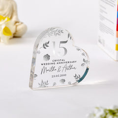 Personalised 15th Wedding Anniversary Gift Crystal Anniversary Heart - Shaped Acrylic Plaque Custom Keepsake with Names Date Elegant Floral