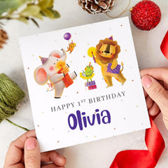 Personalised 1st Birthday Card for Kids Boy Girl Name Jungle Animal Theme Cute Card for Baby Girl or Boy Fun Keepsake for First Birthday