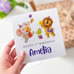 Personalised 1st Birthday Card for Kids Boy Girl Name Jungle Animal Theme Cute Card for Baby Girl or Boy Fun Keepsake for First Birthday