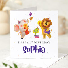 Personalised 1st Birthday Card for Kids Boy Girl Name Jungle Animal Theme Cute Card for Baby Girl or Boy Fun Keepsake for First Birthday