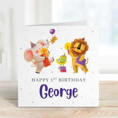 Personalised 1st Birthday Card for Kids Boy Girl Name Jungle Animal Theme Cute Card for Baby Girl or Boy Fun Keepsake for First Birthday