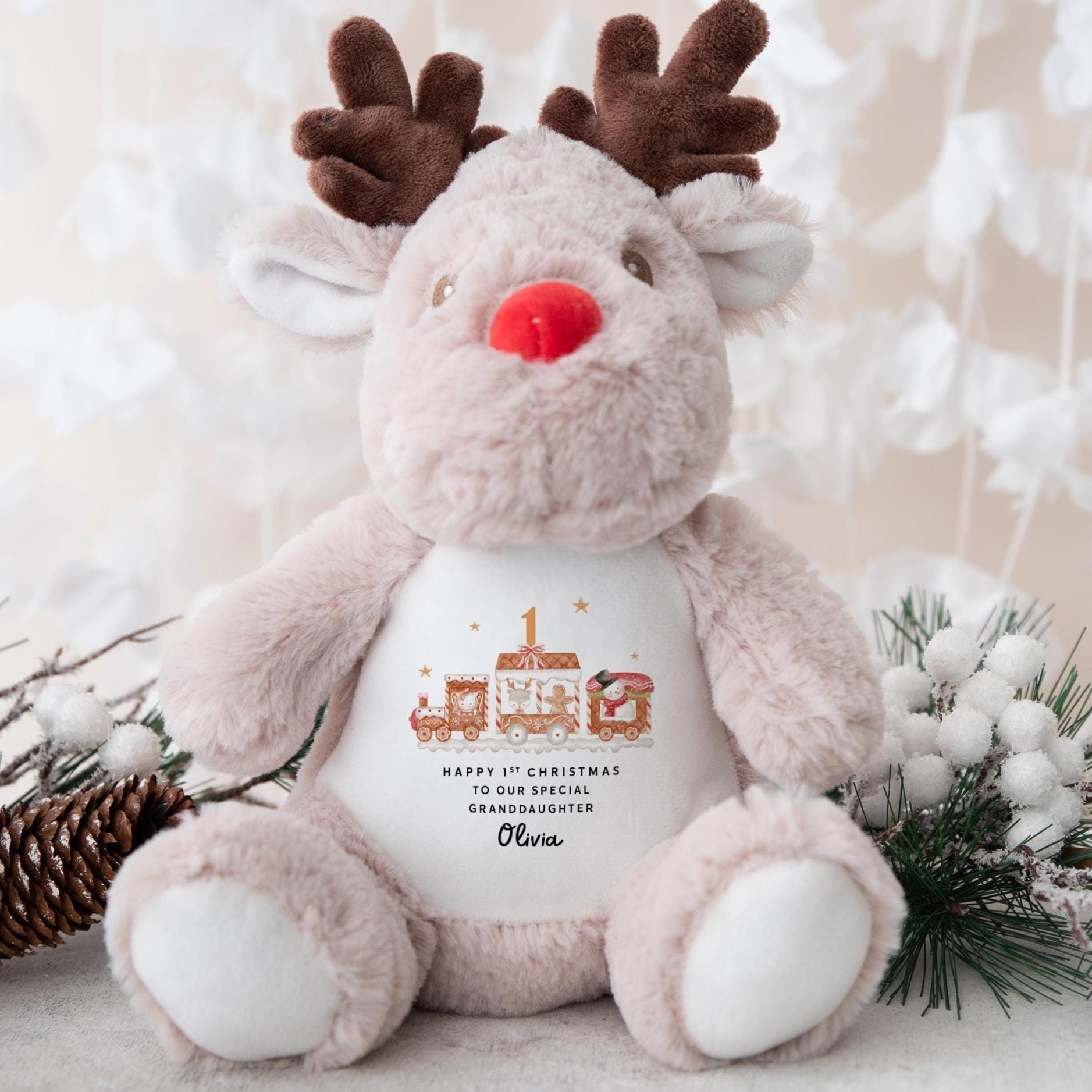 Personalised 1st Christmas Reindeer Toy Gift with Name Teddy for Granddaughter Plush Keepsake from Grandparents for Baby Girl’s First Xmas