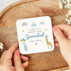 Personalised 1st Father's Day Mug and Coaster Set for Grandad Cute Animal Design Gift from Baby Bump with Name First Fathers Day Keepsake