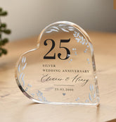 Personalised 25th Wedding Anniversary Gift Silver Anniversary Present Heart - Shaped Acrylic Plaque Custom Keepsake with Names Date Mum Dad