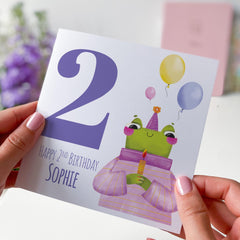 Personalised 2nd Birthday Card Cute Frog Design Name Toddler Birthday Card Fun Colourful Keepsake for Child Grandchild Niece Nephew I am Two