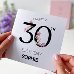 Personalised 30th Birthday Card with Name Elegant Floral Design Special Gift for Her Friends Wife Fiancé Niece Auntie Thirty and Fabulous