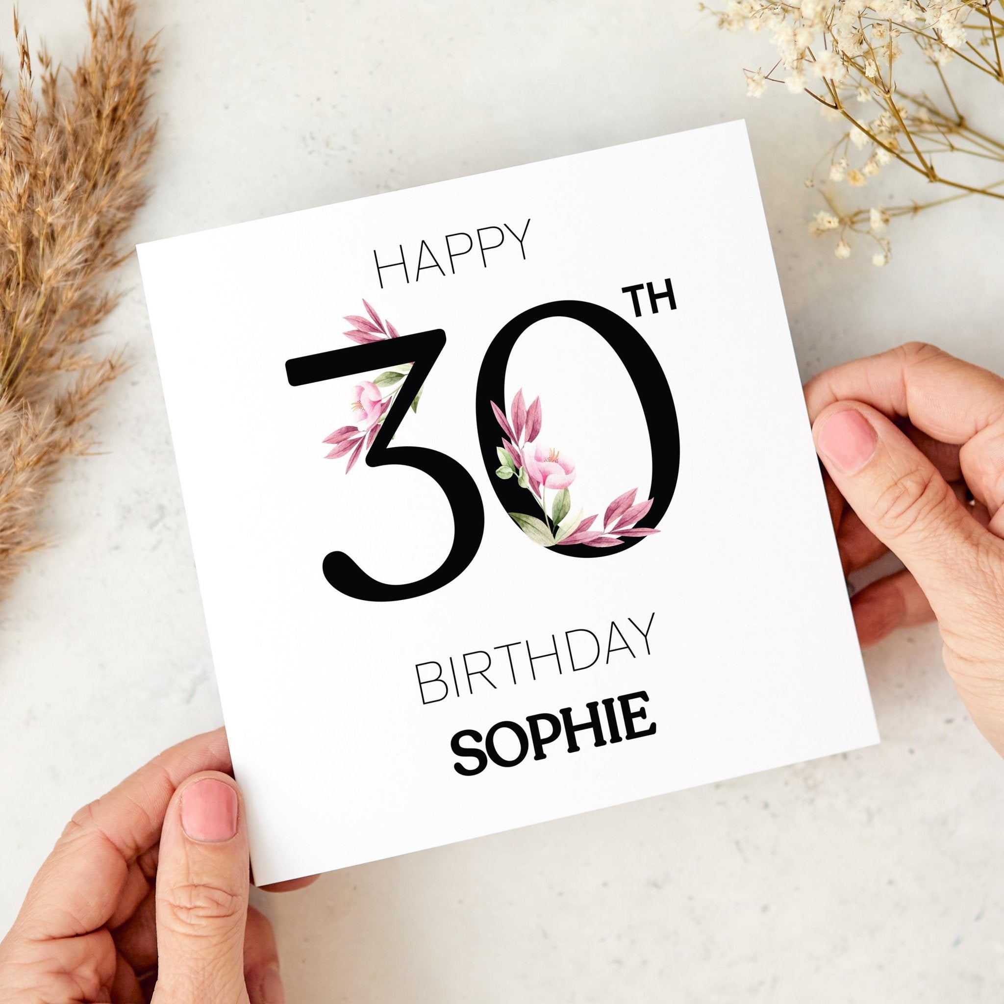 Personalised 30th Birthday Card with Name Elegant Floral Design Special Gift for Her Friends Wife Fiancé Niece Auntie Thirty and Fabulous