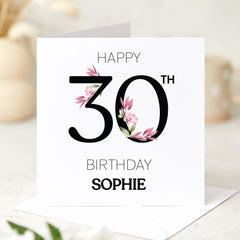 Personalised 30th Birthday Card with Name Elegant Floral Design Special Gift for Her Friends Wife Fiancé Niece Auntie Thirty and Fabulous