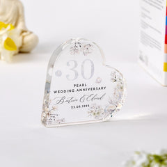Personalised 30th Wedding Anniversary Gift Pearl Anniversary Present Heart - Shaped Acrylic Plaque Custom Keepsake with Names Date Mum Dad