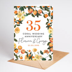 Personalised 35th Coral Wedding Anniversary Card with Names and Date Elegant Floral Keepsake for Couple Husband Wife Grandparents Mum Dad
