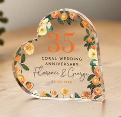 Personalised 35th Wedding Anniversary Gift Coral Anniversary Present Heart - Shaped Acrylic Plaque Custom Keepsake with Names & Date Floral