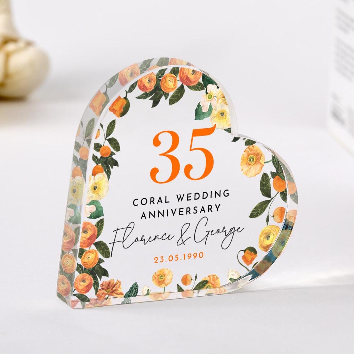 Personalised 35th Wedding Anniversary Gift Coral Anniversary Present Heart - Shaped Acrylic Plaque Custom Keepsake with Names & Date Floral