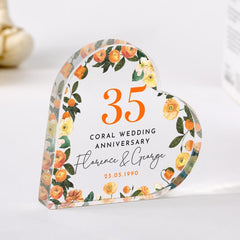 Personalised 35th Wedding Anniversary Gift Coral Anniversary Present Heart - Shaped Acrylic Plaque Custom Keepsake with Names & Date Floral