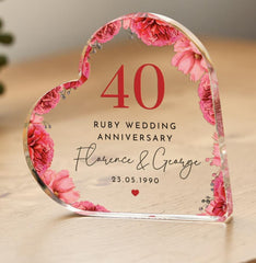 Personalised 40th Wedding Anniversary Gift Ruby Anniversary Heart - Shaped Acrylic Plaque Custom Keepsake with Names & Date Romantic Mum Dad