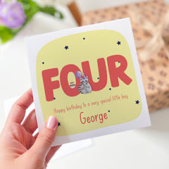 Personalised 4th Birthday Card for Boy Nephew Godson Stepson Son Grandson Name and Age Cute Design Fun Four Year Old Kids Birthday Keepsake