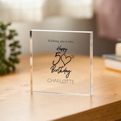 Personalised 50th Birthday Gift for Her Acrylic Plaque Elegant Custom Name Keepsake Special Milestone Gift for Memorable Fifty Celebrations