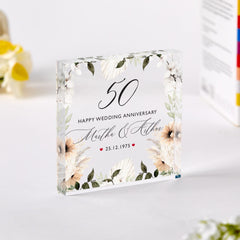 Personalised 50th Golden Wedding Anniversary Gift Acrylic Block for Grandma Grandad Mum Dad Custom Floral Keepsake with Names and Date