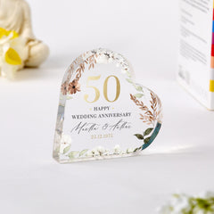 Personalised 50th Wedding Anniversary Gift Golden Heart - Shaped Acrylic Plaque Custom Keepsake with Names Date Elegant Gold Wedding Present