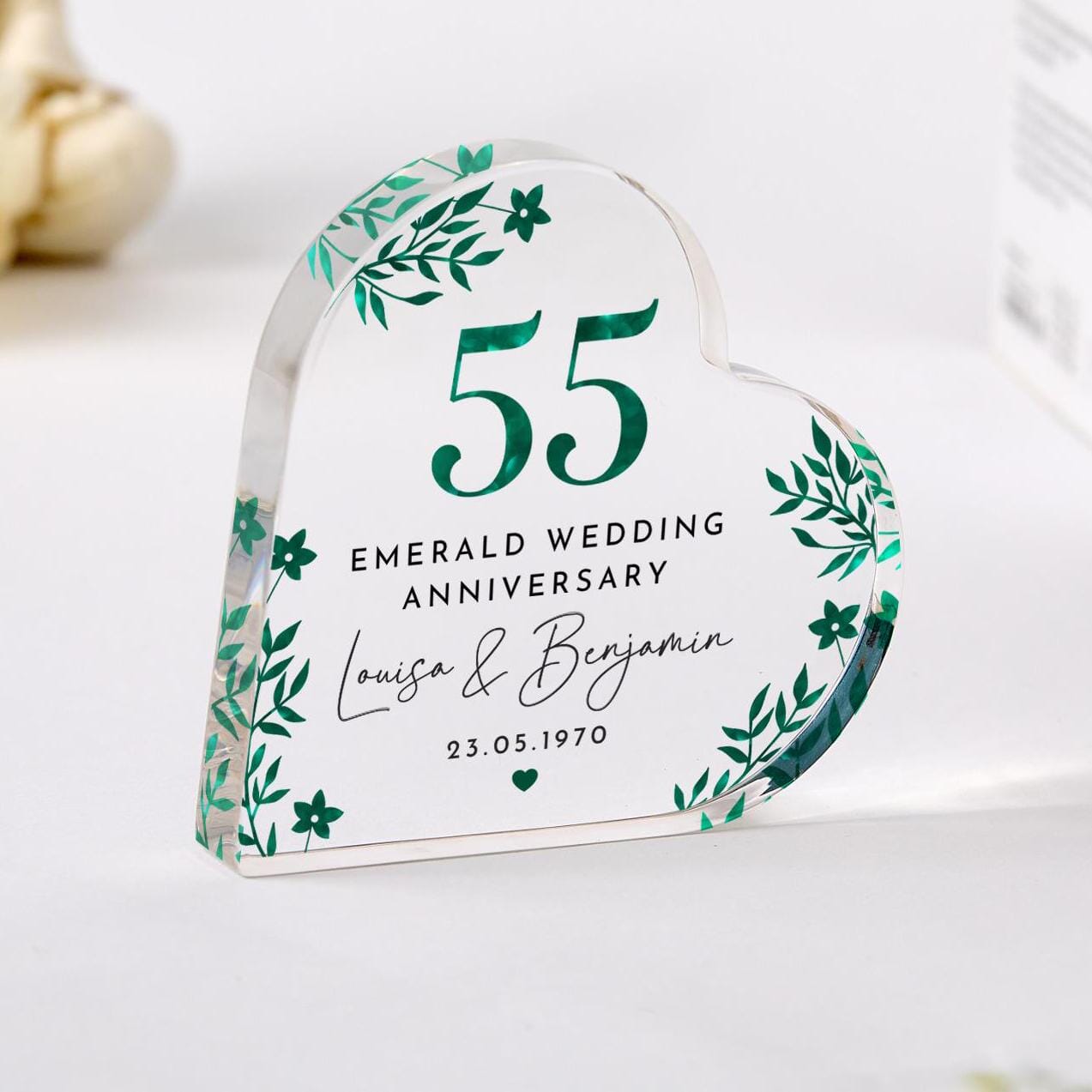 Personalised 55th Wedding Anniversary Gift Emerald Anniversary Heart - Shaped Acrylic Plaque Keepsake with Names Date Elegant Green Floral