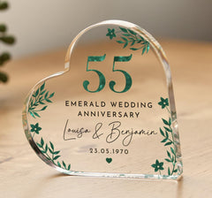 Personalised 55th Wedding Anniversary Gift Emerald Anniversary Heart - Shaped Acrylic Plaque Keepsake with Names Date Elegant Green Floral