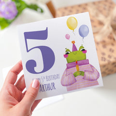 Personalised 5th Birthday Card Cheerful Frog Design Name Kids Birthday Card Fun and Playful Gift for Child Grandchild Nephew Niece I am Five