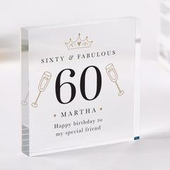 Personalised 60th Birthday Acrylic Plaque Sixty & Fabulous Keepsake Gift for Her Custom Name Milestone Display Block