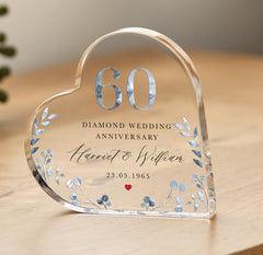 Personalised 60th Wedding Anniversary Gift Diamond Anniversary Heart - Shaped Acrylic Plaque Custom Keepsake Names & Date Elegant Blue Floral