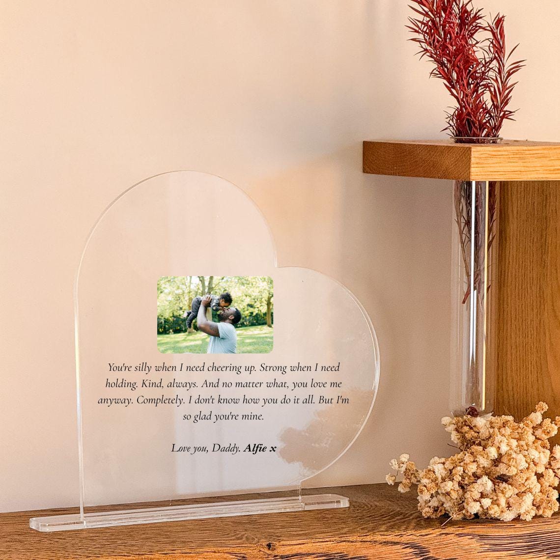 Personalised Acrylic Heart Plaque for Dad, Custom Daddy Photo Gift, Father’s Day Keepsake