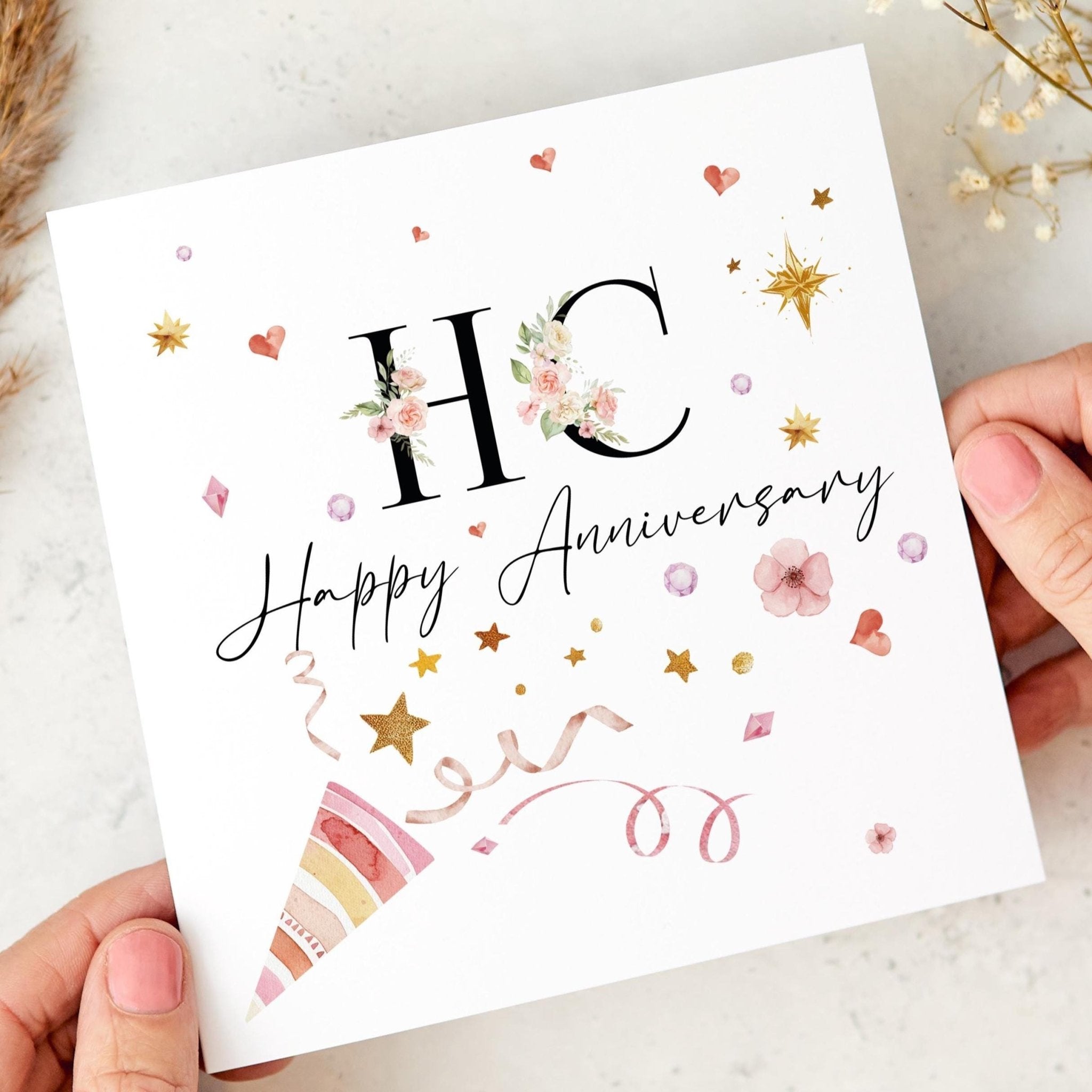 Personalised Anniversary Card for Couple Friend or Mum and Dad Grandma Grandad Confetti Party Design Custom Initials Happy 10th 20th 30th 40