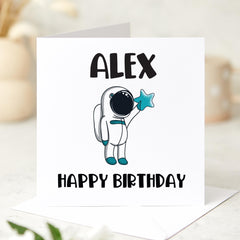 Personalised Astronaut Birthday Card for Boy Space Theme Card with Name Fun Cosmic Design for Son Brother Nephew Grandson 4th 5th 6th 7th 8