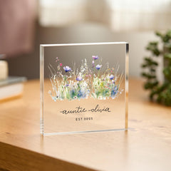 Personalised Auntie Acrylic Block – Christmas Birthday Gift for New Aunt – Name and Established Year Design