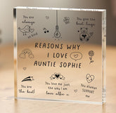 Personalised Auntie Gift Reasons Why I Love You Aunt Birthday Christmas Mother's Day Acrylic Keepsake Custom Message from Niece Nephew