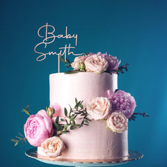 Personalised Baby Shower Cake Topper, Welcome Baby, Newborn Party Decor, Wooden Gold Silver Rose Gold Black Custom Name