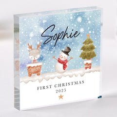 Personalised Baby’s First Christmas Acrylic Block – Cute Snowman and Reindeer Winter Keepsake Gift for Newborn Girl or Boy